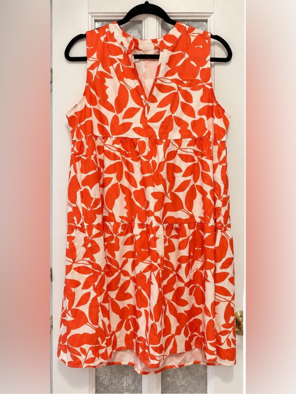 Women’s XL Orange Ivory Floral Tiered Midi Dress Sleeveless Summer Boho